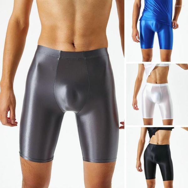 Pantalones cortos sexis de alta elasticidad para hombre, Color sólido, tiro medio, convexo en U, para gimnasio, seda helada brillante, para uso diario, calzoncillos con hebilla de tiro bajo