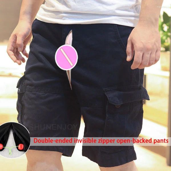 Short masculin Sexy invisible zippers ouverts entrejambe pantalon sans sexe extérieur poches décontractées jeans de sport denim masculin