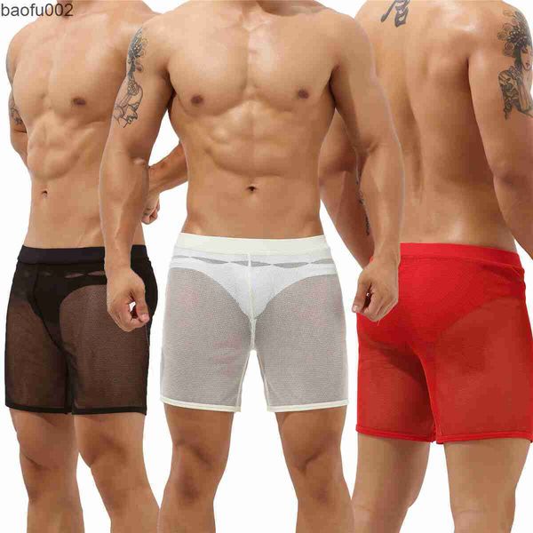 Shorts pour hommes Sexy hommes sommeil bas décontracté maison Boxer Shorts Sexy voir à travers Transparent lâche salon pyjamas mâle maille respirant sous-vêtements W0327