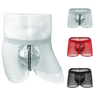 Shorts pour hommes sous-vêtements Sexy boxeurs en maille transparente avec fermeture éclair PU culotte masculine fétiche décapant Lingerie érotique caleçon ouvert