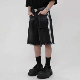 Herenshorts Zijgestreepte gescheurde denim shorts trend mode kwastje zwarte jeans heren zomer casual straatkleding unisex hiphop Y2K shorts J240221