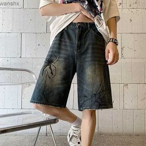 Heren Shorts Zuid-Koreaanse Harajuku Spider Spinneweb Gedrukt Denim Shorts Heren Y2k Retro Wash Hip Hop Punk Grunge Jeans zomer Womens WearL2404