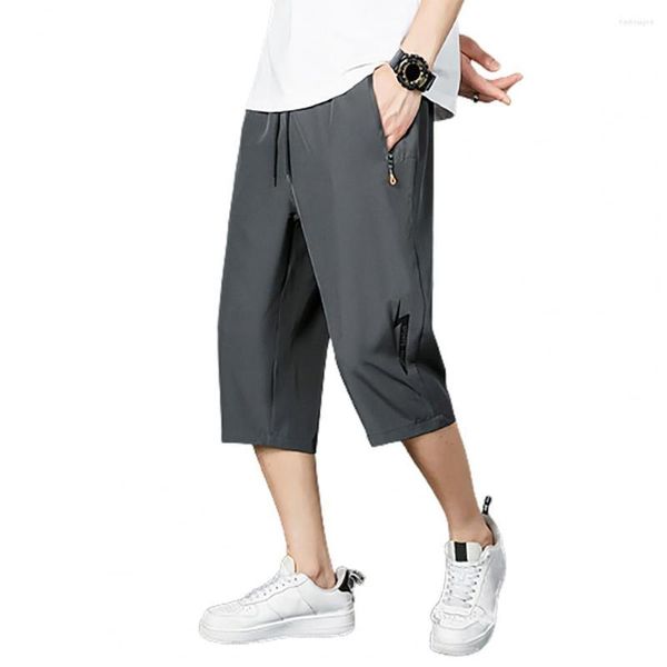 Pantalones cortos deportivos para hombre, cintura elástica recortada fresca, ropa de calle de seda helada hasta la mitad de la pantorrilla