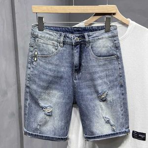 Heren shorts lente en zomer stretch capri -broek vernietigd denim shorts casual mode los rechte 5mens broek J240407