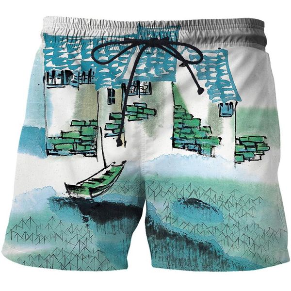 Shorts pour hommes Été 2022 Peinture au pinceau chinois pour hommes Impression 3D Homme Fitness en plein air Pantalons décontractés Mâle Vacances Surf Pantalons de plageMen's
