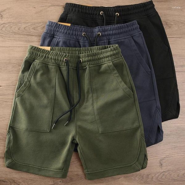 Short d'été pour hommes, rétro américain tricoté, mode coton lavé, taille élastique, cordon de serrage, Sport décontracté, pantalon de survêtement à 5 points