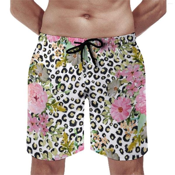 Pantalones cortos para hombres tablero de verano elegante leopardo estampado deportivo rosa diseño floral gráfico pantalones cortos bañadores de natación seca rápida