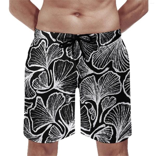 Short d'été pour hommes, Ginkgo Biloba, surf, motif blanc et noir, pantalon court de plage, mode, séchage rapide, grande taille