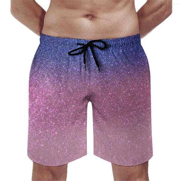 Pantalones cortos para hombres Tablero de verano Estampado de brillo Surfing Azul Rosa Pantalones cortos de playa brillantes Troncos lindos de secado rápido Tallas grandes