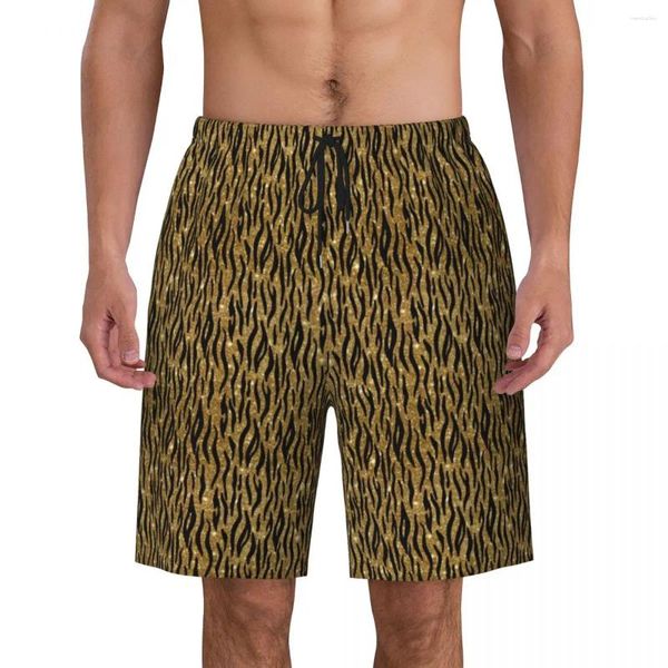 Pantalones cortos para hombres Tablero de verano Brillo Piel de tigre Ropa deportiva Rayas de oro negro Imprimir Playa Casual Troncos de secado rápido
