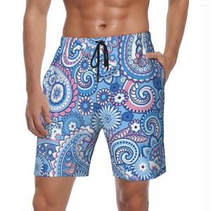 Pantalones cortos para hombres Tabla de verano Hombres Floral Paisley Deportes Surf Azul Playa Tradicional Elegante Troncos de natación transpirables Tamaño grande
