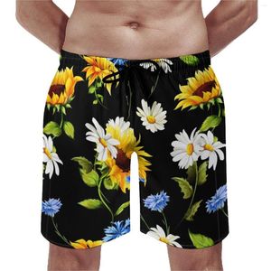Short d'été pour hommes, maillot de bain jaune tournesol, sport, blanc, bleu, imprimé fleurs, plage, mignon, confortable, grande taille