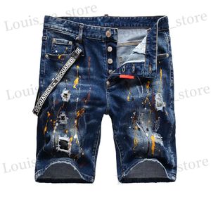 Heren shorts Summer Button Sluiting gescheurd heren jeans shorts rechte been zomerse broek hand geschilderd mannelijke denim kort T240419