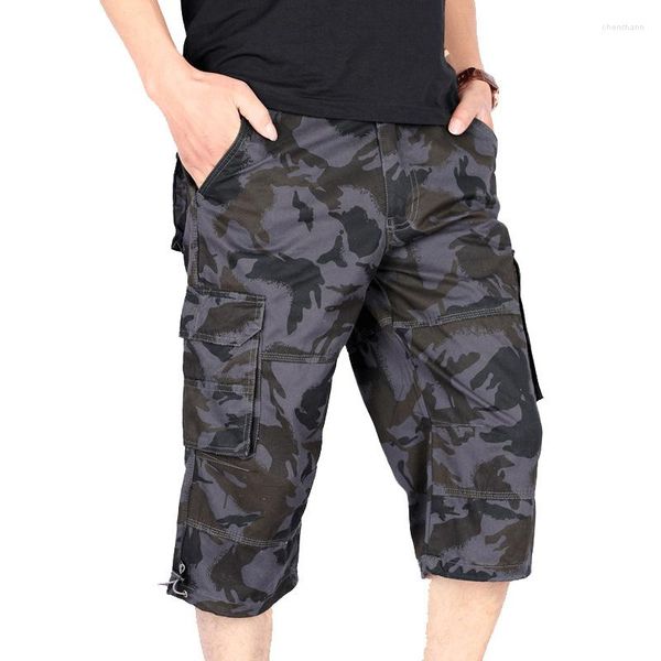 Pantalones cortos para hombres Camuflaje de verano Hombres militares Multi bolsillo Casual Algodón Pantalones sueltos Pantalones recortados Longitud larga Carga