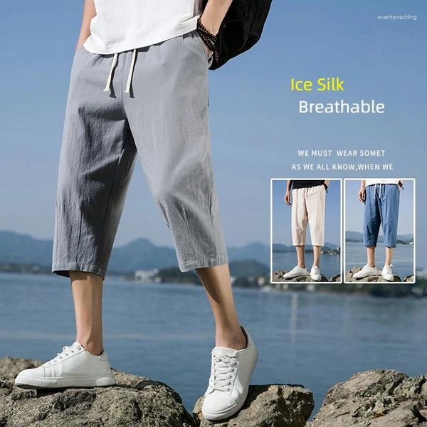 Shorts pour hommes Summer Cool Pantalons longs pour coton sauvage et lin lâche 2024 coréen tendance neuf jambe droite fendue