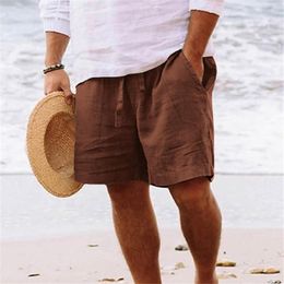 Shorts pour hommes été coton lin genou longueur conseil blanc hommes solide plage mâle cordon mince respirant sueur pantalon court