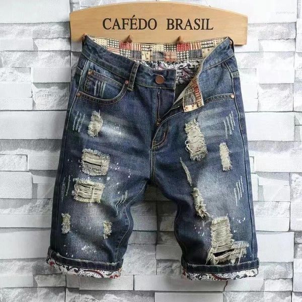 Short d'été en Denim pour hommes, tendance, personnalité cassée, cinq points, maille décontractée, pantalon rouge, taille ample