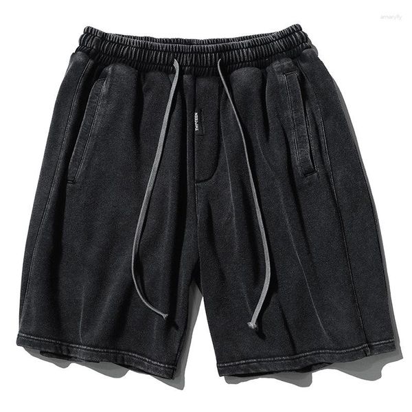 Pantalones cortos de verano para hombre, ropa de calle Retro lavada japonesa desgastada, pantalones cortos de cintura elástica con cordón informal holgados negros