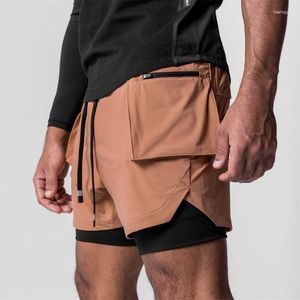 Pantalones cortos para hombre Verano Doble capa 2 en 1 Deportes Capris Moda Bolsillo con cremallera Pantalones de fitness multifuncionales