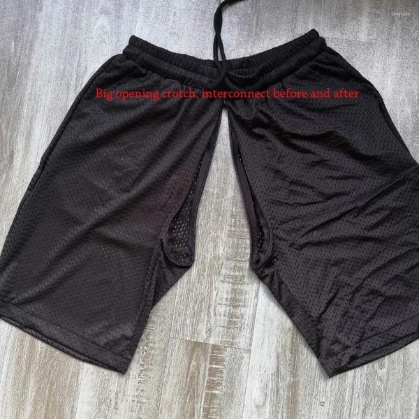 Shorts pour hommes exercice d'été glace soie pantalon à siège ouvert maille respirant genou longueur sport décontracté pénis pantalon hommes