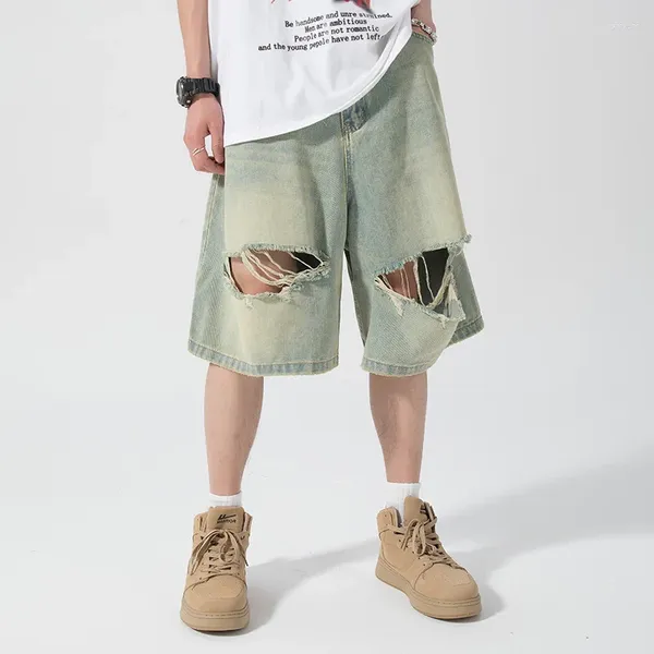 Pantalones cortos para hombres Moda de verano Suelta Carga recta Calle Hip Hop Agujeros masculinos Denim Jorts para hombres