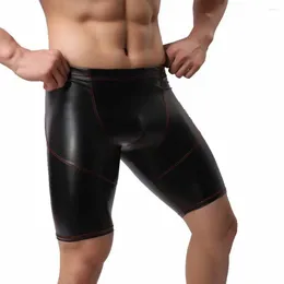 Heren Shorts Summer Faux Leather Fashion Middle Taille Black 5-Point Sexy strakke korte broek Fitness Sport Male bokser
