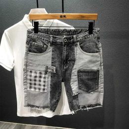 Shorts voor heren Zomer grijze denim shorts Knielengte Patchwork Lattice Pocket Design Stiksels Hiphop Straat Zelfontplooiing Jeans Shorts J240124