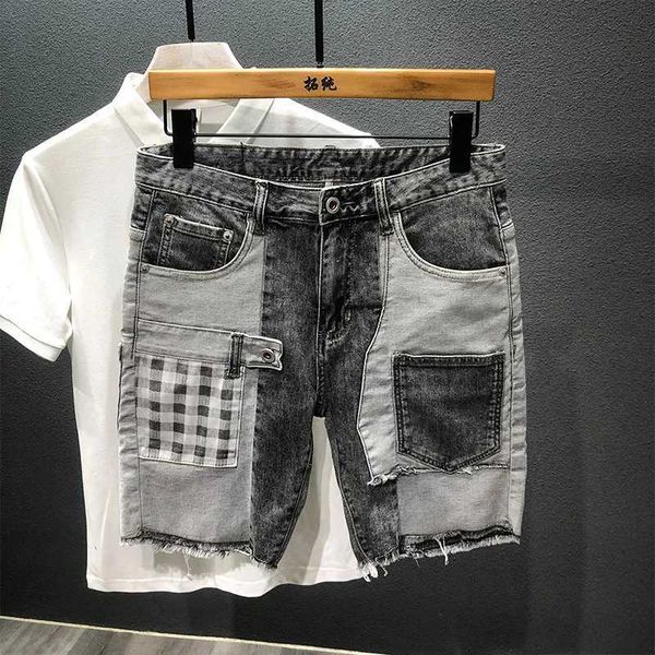 Pantalones cortos para hombres Pantalones cortos de mezclilla gris de verano Longitud de la rodilla Patchwork Diseño de bolsillo de celosía Costura Hip-hop Calle Autocultivo Jeans Shorts J240124