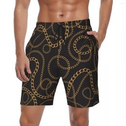 Pantalones cortos para hombres Gimnasio de verano Hombres Cadena dorada Metal Enlaces de surf Tablero de impresión Pantalones cortos Hawaii Secado rápido Troncos de playa de gran tamaño