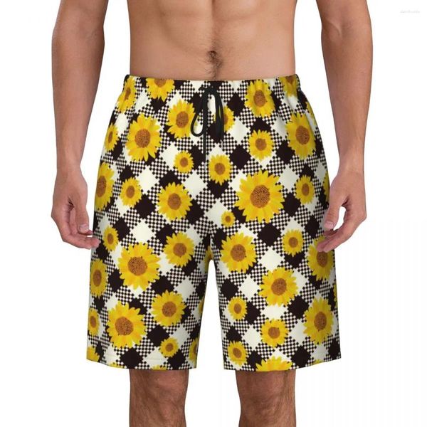 Pantalones cortos para hombres Gimnasio de verano Hombres Tablero de ajedrez de girasol Deportes Tablero de cuadros en blanco y negro Pantalones cortos Y2K Divertidos y cómodos troncos de natación