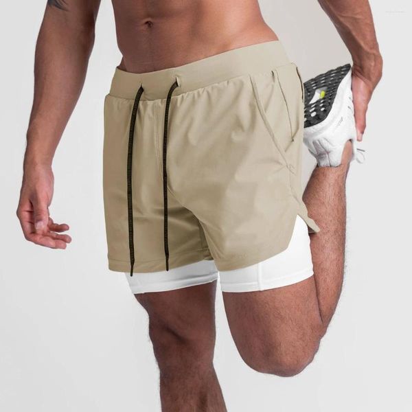 Pantalones cortos de verano para hombre, gimnasio, correr, entrenamiento, 2 en 1, pantalones de playa elásticos transpirables de secado rápido doble, informales