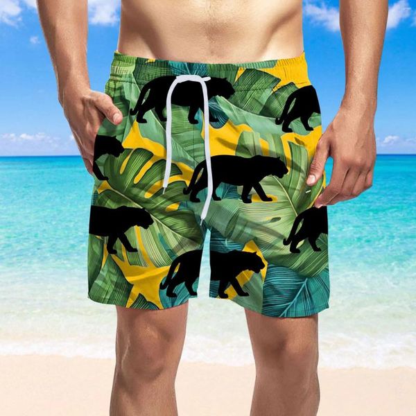 Pantalones cortos para hombres Verano Hawaiano Tablero casual Hombres Hojas Impresión Natación Troncos Cordón Doble Bolsillo Playa Vacaciones Traje de baño