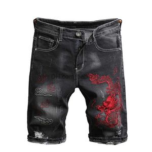 Heren shorts Summer Hole heren denim shorts kwaliteit geborduurde zwarte slanke straat korte jeans Chinese stijl gescheurde stretch knie lengte broek T230502