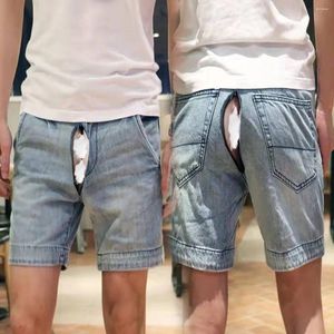 Short d'été pour hommes, fermeture éclair Invisible, entrejambe ouvert, sexe en plein air, Jeans Vintage, Denim décontracté, longueur au genou, vêtements pour hommes, grande taille