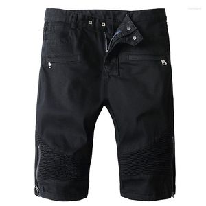 Pantalones cortos para hombres Verano Jean Motocicleta Biker Denim con cremalleras Plisado Recto Slim Hombres Black Stretch Jeans Pantalones
