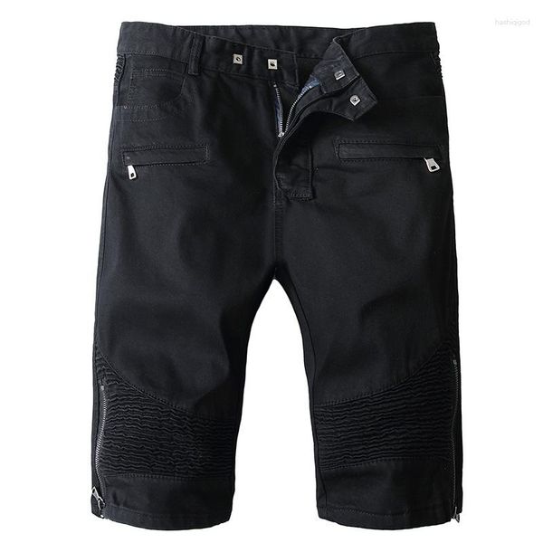 Short d'été pour hommes, Jean de motard, Denim avec fermetures éclair, plissé, droit, Slim, noir, extensible, pantalon