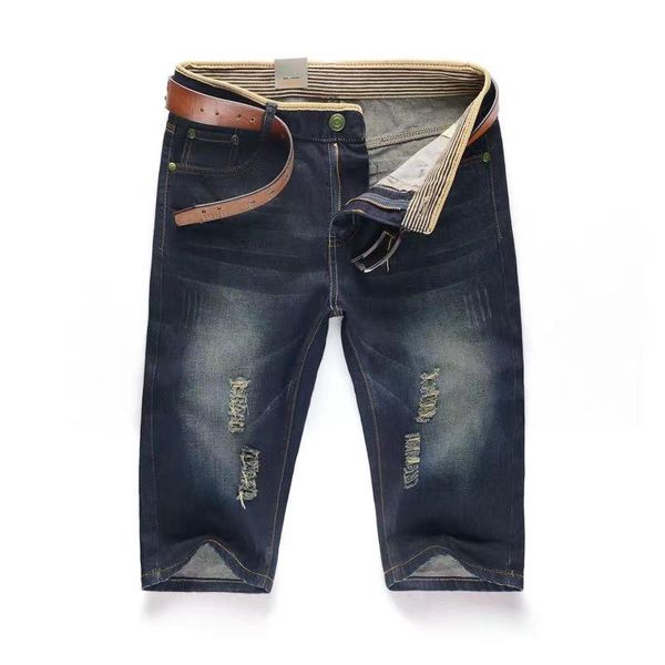 Pantalones cortos para hombres Jeans de verano Hombres Pantalones de mezclilla destruidos rasgados azul Diseño de moda Hombres Slim Straight Male Short HombreMen's