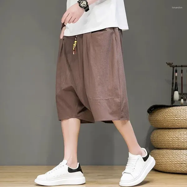 Pantalones cortos para hombres Lino de verano 2023 Pantalones de playa de hip-hop de entrepierna baja Jogger Loose Harlequin Street