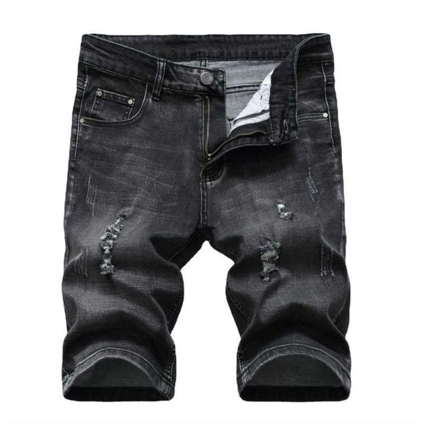 Pantalones cortos para hombres Verano Hombres Pantalones cortos de mezclilla rasgados Hombres Tendencia de marea Moda Hasta la rodilla Pantalones Spirit Boy Pantalones cortos casuales rectos Jeans Negro Gris G230131