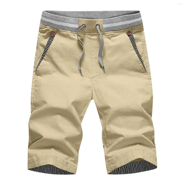 Pantalones cortos para hombres Pantalones deportivos de verano para hombres Casual Lino Sólido Suelto Bolsillos rectos Panty Algodón Cómodo Paño con cordón ajustado