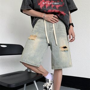 Shorts pour hommes Summer Men Thin Distressed Hole Denim Y2K Vintage Streetwear Jeans courts Hip Hop Lace-up Fashion Male Gothic Bottoms