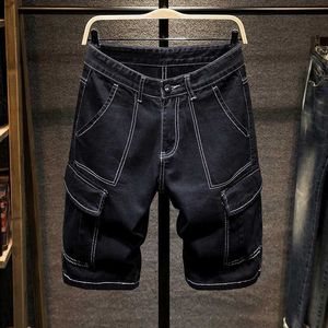 Short masculin Summer Mens Black Denim Shorts avec plusieurs poches POCHES STRIEUX MODE CONCUTÉE ÉPLICATION MENS