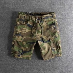Heren shorts zomer nieuwe Amerikaanse retro camo camo goederen shorts heren mode 100% katoen wassen drawstring multi pocket casual vijfpunts broek j240507