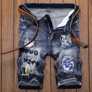 Heren shorts zomer nieuwe heren denim shorts gewassen retro fun graffiti print gescheurde gat jeans shorts knie lengte slanke comfortabele bermuda t230502