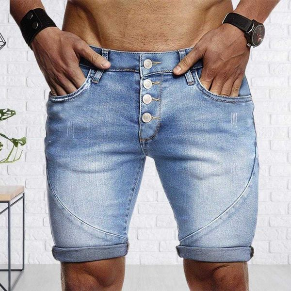 Pantalones cortos para hombres Verano Nuevos hombres Estiramiento Recto Pantalones cortos de mezclilla Pantalones cortos de mezclilla Rasgados Poliéster para hombre Verano Pantalones cortos para uso diario Z0216