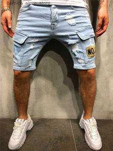 Heren shorts zomer nieuwe heren stretch gescheurd korte jeans streetwear pocket mode hiphop blauw slanke denim shorts merk kleding mannelijk q240529