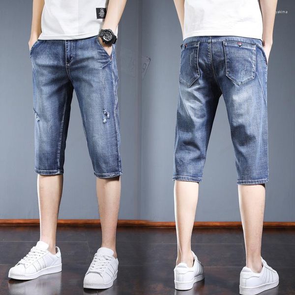 Shorts pour hommes été perforé Denim mâle adolescent étudiant Capris élastique Slim Fit petite jambe pantalon marque coréenne mode