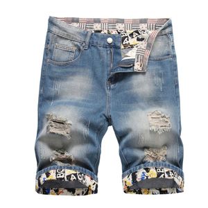 Heren shorts Summer Vintage Blue Mens Short Jeans gescheurde gaten opgerolde Kn lengte denim broek rechte been patchworks Jeans T240515