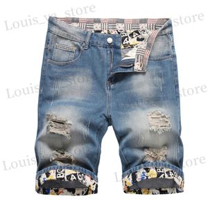 Heren shorts Summer Vintage Blue Mens Short Jeans gescheurde gaten opgerolde Kn lengte denim broek rechte been patchworks Jeans T240419