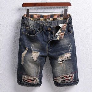 Pantalones cortos de verano para hombre, lavados Vintage, vaqueros informales a la moda para hombre, ropa de calle, parches con agujeros rasgados, Vaqueros rectos desgastados para hombre